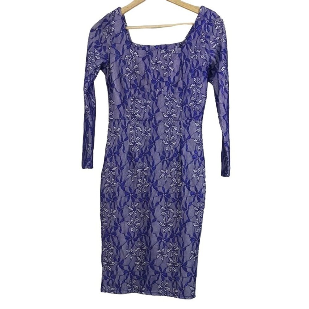 Miusol Cocktail Dress Blue Small White Overlay Square Neck Floral Lace Sheath